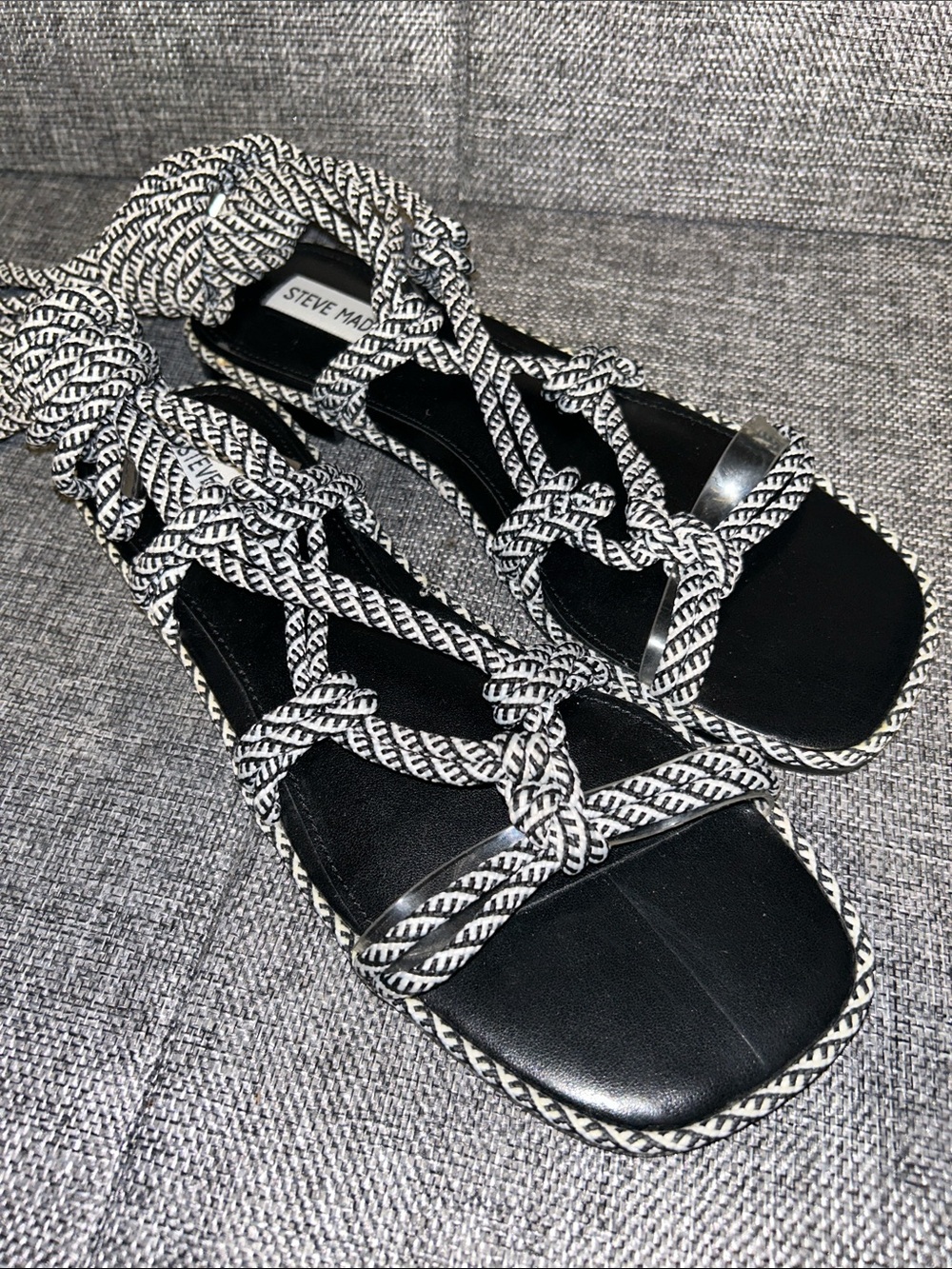 NEW - Steve Madden Black Sandals with Braided Black and White Straps